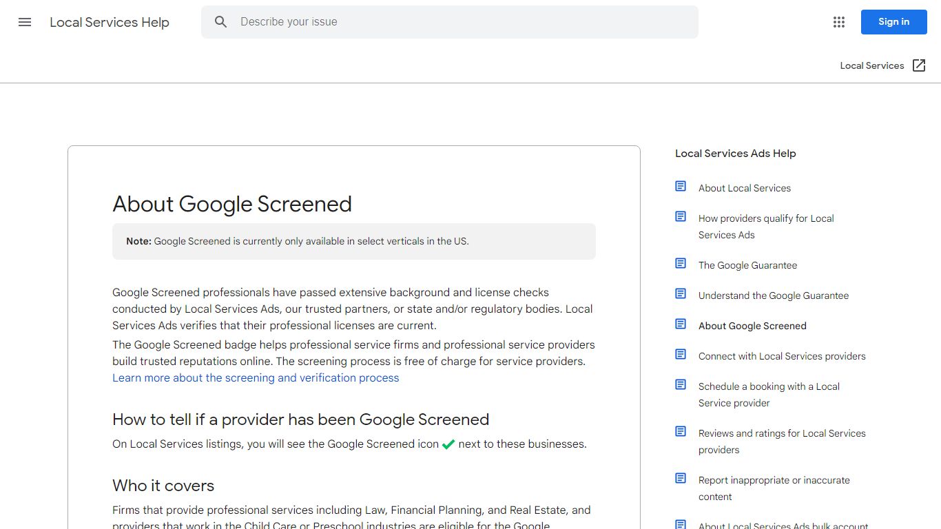 About Google Screened - Local Services Help